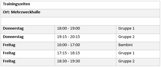 Trainingszeiten Schüler